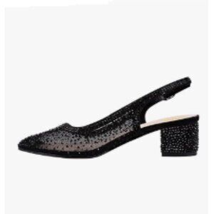 Sho Black Rhinestone Pumps Sheer Mesh Slingback Block Low Heels Pointed Toe Shoe